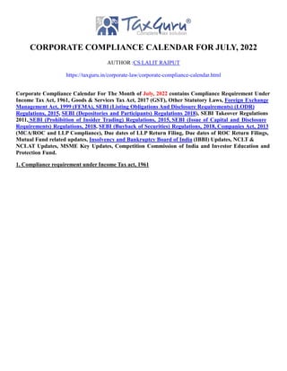 Corporate Compliance Calendar for July, 2022 | PDF
