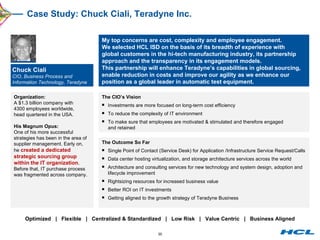 Case Study: Chuck Ciali, Teradyne Inc. Organization: A $1.3 billion company with 4300 employees worldwide, head quartered in the USA. His Magnum Opus: One of his more successful strategies has been in the area of supplier management. Early on, he  created a dedicated strategic sourcing group within the IT organization . Before that, IT purchase process was fragmented across company. My top concerns are cost, complexity and employee engagement. We selected HCL ISD on the basis of its breadth of experience with global customers in the hi-tech manufacturing industry, its partnership approach and the transparency in its engagement models. This partnership will enhance Teradyne’s capabilities in global sourcing, enable reduction in costs and improve our agility as we enhance our position as a global leader in automatic test equipment. Chuck Ciali CIO, Business Process and Information Technology, Teradyne Optimized  |  Flexible  |  Centralized & Standardized  |  Low Risk  |  Value Centric  |  Business Aligned The CIO’s Vision Investments are more focused on long-term cost efficiency To reduce the complexity of IT environment To make sure that employees are motivated & stimulated and therefore engaged and retained The Outcome So Far Single Point of Contact (Service Desk) for Application /Infrastructure Service Request/Calls Data center hosting virtualization, and storage architecture services across the world Architecture and consulting services for new technology and system design, adoption and lifecycle improvement Rightsizing resources for increased business value Better ROI on IT investments Getting aligned to the growth strategy of Teradyne Business 