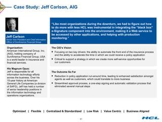 Case Study:  Jeff Carlson, AIG Optimized  |  Flexible  |  Centralized & Standardized  |  Low Risk  |  Value Centric  |  Business Aligned Organization: American International Group, Inc. (AIG), holding company of SunAmerica Financial Group, USA is a world leader in insurance and financial services. His Magnum Opus: Jeff is responsible for all information technology efforts across the business. Over his  15-year history at American General Life Companies (a division of SAFG), Jeff has held a number of senior leadership positions in the information technology and operations organizations. “ Like most organizations during the downturn, we had to figure out how to do more with less HCL was instrumental in integrating the “black box” e-Signature component into the environment, making it a Web service to be accessed by other applications, and helping with production monitoring.” Jeff Carlson Senior Vice President and Chief Information Officer of SunAmerica Financial Group The CIO’s Vision Focusing on two key drivers: the ability to automate the front end of the insurance process and the ability to accelerate the time in which we could receive a policy application Critical to support a strategy in which we create more self-service opportunities for our customers The Outcome So Far Reduction in policy application run-around time, leading to enhanced satisfaction amongst agents as well as customers, which could translate to more business Streamlined approval process, a one-step signing and automatic validation process that eliminated several manual steps 