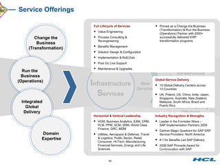 Service Offerings Change the Business (Transformation) Run the  Business (Operations) Integrated  Global  Delivery  Domain  Expertise Leveraged Services Cloud Computing Offerings Infrastructure  Utility Green Computing I nfrastructure  S ervices New Services Horizontal & Vertical Leadership HCM, Business Analytics, EAM, CRM, PLM, PPM, SCM, SRM, World Class Finance, GRC, MDM Utilities, Aerospace & Defense, Travel & Logistics, Public Sector, Retail, Consumer, Hi-Tech, Manufacturing, Financial Services, Energy and Life Sciences Industry Recognition & Strengths Leader in the Forrester Wave – SAP Implementation Partners 2009 Gartner Magic Quadrant for SAP ERP Service Providers, North America  # 1 for Benefits Led SAP Delivery 2009 SAP Pinnacle Award for Co-Innovation with SAP Global Service Delivery 15 Global Delivery Centers across 13 Countries UK, Poland, US, China, India, Japan, Singapore, Australia, New Zealand, Malaysia, South Africa, Brazil and Puerto Rico Full Lifecycle of Services Value Engineering Process Consulting &  Re-engineering Benefits Management Solution Design & Configuration Implementation & Roll Outs Post Go Live Support Maintenance & Upgrades Primed as a Change the Business (Transformation) & Run the Business (Operations) Partner with 2000+ successfully delivered ERP transformation programs 