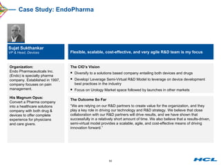 Case Study: EndoPharma Organization: Endo Pharmaceuticals Inc. (Endo) is specialty pharma company. Established in 1997, company focuses on pain management. His Magnum Opus: Convert a Pharma company into a healthcare solutions company with both drug & devices to offer complete experience for physicians and care givers. Flexible, scalable, cost-effective, and very agile R&D team is my focus Sujat Sukthankar VP & Head, Devices The CIO’s Vision Diversify to a solutions based company entailing both devices and drugs Develop/ Leverage Semi-Virtual R&D Model to leverage on device development best practices in the industry Focus on Urology Market space followed by launches in other markets The Outcome So Far “ We are relying on our R&D partners to create value for the organization, and they play a key role in driving our technology and R&D strategy. We believe that close collaboration with our R&D partners will drive results, and we have shown that successfully in a relatively short amount of time. We also believe that a results-driven, semi-virtual model provides a scalable, agile, and cost-effective means of driving innovation forward.” 