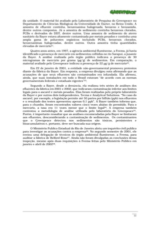 da unidade. O material foi avaliado pelo Laboratório de Pesquisa do Greenpeace no
Departamento de Ciências Biológicas da Universidade de Exeter, no Reino Unido. A
amostra de efluente continha, benzenamina halogenada, benzeno e benzamida,
dentre outros compostos. Já a amostra de sedimento continha benzenos clorados,
PCBs e derivados do DDT, dentre outros. Uma amostra de sedimento do aterro
sanitário da Bayer estava altamente contaminada por metais pesados e continha uma
ampla gama de poluentes orgânicos incluindo PCBs, benzenos clorados,
benzenaminas halogenadas, dentre outros. Outra amostra tinha quantidades
elevadas de mercúrio21.
      Quatro anos antes, em 1997, a agência ambiental fluminense, a Feema, já havia
identificado a presença de mercúrio em sedimentos colhidos no rio Sarapuí, a jusante
da Bayer. A análise realizada pelo órgão público indicava a presença de 30
microgramas de mercúrio por grama (µg/g) de sedimentos. Em comparação, o
material avaliado pelo Greenpeace indicou a presença de 22 µg/g de mercúrio22.
      Em 22 de janeiro de 2001, a entidade não-governamental promoveu protestos
diante da fábrica da Bayer. Em resposta, a empresa divulgou nota afirmando que as
acusações de que seus efluentes são contaminados era infundada. Ela afirmou,
ainda, que suas instalações em todo o Brasil estavam “de acordo com as normas
governamentais federais e estaduais vigentes”23.
      Segundo a Bayer, desde a denúncia, ela realizou três séries de análises dos
efluentes da fábrica em 2001 e 2002, que indicaram contaminação inferior aos limites
legais para o ascarel e metais pesados. Elas foram realizadas pelo próprio laboratório
da Bayer e por outros dois independentes, Tecma e Analytical Solutions. “No caso do
ascarel, por exemplo, a legislação permite até 50 partes por bilhão (ppb) nos efluentes
e o resultado dos testes apresentou apenas 0,1 ppb”. A Bayer também informa que,
para o chumbo, foram encontrados valores cinco vezes abaixo do permitido. Para o
mercúrio, a taxa era 11 vezes menor que o limite legal24. A empresa também
contestou a metodologia de análise utilizada pelo laboratório do Greenpeace25.
Porém, é importante ressaltar que as análises encomendadas pela Bayer se limitaram
aos efluentes, desconsiderando a contaminação de sedimentos. Os contaminantes
que o Greenpeace detectou nos sedimentos são tóxicos, persistentes e
bioacumulativos e, portanto, deve ser buscada sua origem.
      O Ministério Publico Estadual do Rio de Janeiro abriu um inquérito civil publico
para investigar as acusações contra a empresa26. No segundo semestre de 2001, ele
enviou uma delegação de técnicos do órgão ambiental fluminense, a Feema, para
auditar a fábrica de Belford Roxo27. Ainda não foram divulgadas as conclusões dessa
inspeção, mesmo após duas requisições à Feema feitas pelo Ministério Público em
janeiro e abril de 200228.




_________________________________________________________________________________________________________
                                                                                                    ____
                                                                                                     11
 