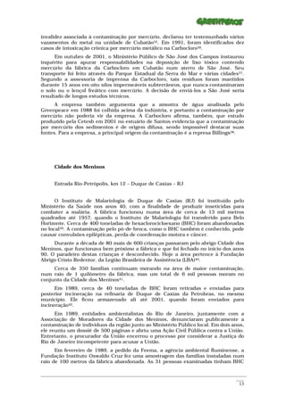 invalidez associada à contaminação por mercúrio, declarou ter testemunhado vários
vazamentos do metal na unidade de Cubatão35. Em 1991, foram identificados dez
casos de intoxicação crônica por mercúrio metálico na Carbocloro36.
      Em outubro de 2001, o Ministério Público de São José dos Campos instaurou
inquérito para apurar responsabilidades na deposição de lixo tóxico contendo
mercúrio da fábrica da Carbocloro em Cubatão num aterro de São José. Seu
transporte foi feito através do Parque Estadual da Serra do Mar e várias cidades37.
Segundo a assessoria de imprensa da Carbocloro, tais resíduos foram mantidos
durante 15 anos em oito silos impermeáveis subterrâneos, que nunca contaminaram
o solo ou o lençol freático com mercúrio. A decisão de enviá-los a São José seria
resultado de longos estudos técnicos.
      A empresa também argumenta que a amostra de água analisada pelo
Greenpeace em 1988 foi colhida acima da indústria, e portanto a contaminação por
mercúrio não poderia vir da empresa. A Carbocloro afirma, também, que estudo
produzido pela Cetesb em 2001 no estuário de Santos evidencia que a contaminação
por mercúrio dos sedimentos é de origem difusa, sendo impossível destacar suas
fontes. Para a empresa, a principal origem da contaminação é a represa Billings38.




      Cidade dos Meninos


      Estrada Rio-Petrópolis, km 12 – Duque de Caxias – RJ


      O Instituto de Malariologia de Duque de Caxias (RJ) foi instituído pelo
Ministério da Saúde nos anos 40, com a finalidade de produzir inseticidas para
combater a malária. A fábrica funcionou numa área de cerca de 13 mil metros
quadrados até 1957, quando o Instituto de Malariologia foi transferido para Belo
Horizonte. Cerca de 400 toneladas de hexaclorocicloexano (BHC) foram abandonadas
no local39. A contaminação pelo pó-de-broca, como o BHC também é conhecido, pode
causar convulsões epilépticas, perda de coordenação motora e câncer.
     Durante a década de 80 mais de 600 crianças passaram pelo abrigo Cidade dos
Meninos, que funcionava bem próximo a fábrica e que foi fechado no início dos anos
90. O paradeiro destas crianças é desconhecido. Hoje a área pertence à Fundação
Abrigo Cristo Redentor, da Legião Brasileira de Assistência (LBA)40.
     Cerca de 350 famílias continuam morando na área de maior contaminação,
num raio de 1 quilômetro da fábrica, mas um total de 6 mil pessoas moram no
conjunto da Cidade dos Meninos41.
      Em 1989, cerca de 40 toneladas de BHC foram retiradas e enviadas para
posterior incineração na refinaria de Duque de Caxias da Petrobras, no mesmo
município. Ele ficou armazenado ali até 2001, quando foram enviados para
incineração42.
      Em 1989, entidades ambientalistas do Rio de Janeiro, juntamente com a
Associação de Moradores da Cidade dos Meninos, denunciaram publicamente a
contaminação de indivíduos da região junto ao Ministério Público local. Em dois anos,
ele reuniu um dossiê de 500 páginas e abriu uma Ação Civil Pública contra a União.
Entretanto, o procurador da União encerrou o processo por considerar a Justiça do
Rio de Janeiro incompetente para acusar a União.
      Em fevereiro de 1989, a pedido da Feema, a agência ambiental fluminense, a
Fundação Instituto Oswaldo Cruz fez uma amostragem das famílias instaladas num
raio de 100 metros da fábrica abandonada. As 31 pessoas examinadas tinham BHC

_________________________________________________________________________________________________________
                                                                                                    ____
                                                                                                     13
 