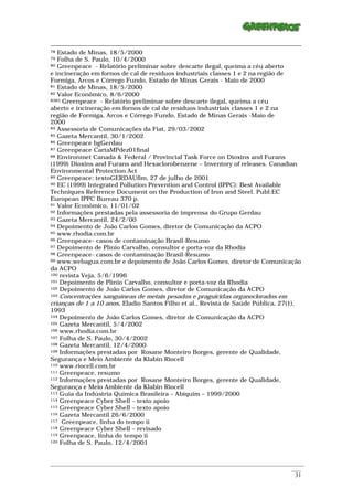 78 Estado de Minas, 18/5/2000
79 Folha de S. Paulo, 10/4/2000
80 Greenpeace - Relatório preliminar sobre descarte ilegal, queima a céu aberto

e incineração em fornos de cal de resíduos industriais classes 1 e 2 na região de
Formiga, Arcos e Córrego Fundo, Estado de Minas Gerais - Maio de 2000
81 Estado de Minas, 18/5/2000
82 Valor Econômico, 8/6/2000
8383 Greenpeace - Relatório preliminar sobre descarte ilegal, queima a céu

aberto e incineração em fornos de cal de resíduos industriais classes 1 e 2 na
região de Formiga, Arcos e Córrego Fundo, Estado de Minas Gerais -Maio de
2000
84 Assessoria de Comunicações da Fiat, 29/03/2002
85 Gazeta Mercantil, 30/1/2002
86 Greenpeace bgGerdau
87 Greenpeace CartaMPdez01final
88 Environmet Canada & Federal / Provincial Task Force on Dioxins and Furans

(1999) Dioxins and Furans and Hexaclorobenzene – Inventory of releases. Canadian
Environmental Protection Act
89 Greenpeace: textoGERDAUfim, 27 de julho de 2001
90 EC (1999) Integrated Pollution Prevention and Control (IPPC): Best Available

Techniques Reference Document on the Production of Iron and Steel. Publ:EC
European IPPC Bureau 370 p.
91 Valor Econômico, 11/01/02
92 Informações prestadas pela assessoria de imprensa do Grupo Gerdau
93 Gazeta Mercantil, 24/2/00
94 Depoimento de João Carlos Gomes, diretor de Comunicação da ACPO
95 www.rhodia.com.br
96 Greenpeace- casos de contaminação Brasil-Resumo
97 Depoimento de Plínio Carvalho, consultor e porta-voz da Rhodia
98 Greenpeace- casos de contaminação Brasil-Resumo
99 www.webagua.com.br e depoimento de João Carlos Gomes, diretor de Comunicação

da ACPO
100 revista Veja, 5/6/1996
101 Depoimento de Plínio Carvalho, consultor e porta-voz da Rhodia
102 Depoimento de João Carlos Gomes, diretor de Comunicação da ACPO
103 Concentrações sanguíneas de metais pesados e praguicidas organoclorados em

crianças de 1 a 10 anos, Eladio Santos Filho et al., Revista de Saúde Pública, 27(1),
1993
104 Depoimento de João Carlos Gomes, diretor de Comunicação da ACPO
105 Gazeta Mercantil, 5/4/2002
106 www.rhodia.com.br
107 Folha de S. Paulo, 30/4/2002
108 Gazeta Mercantil, 12/4/2000
109 Informações prestadas por Rosane Monteiro Borges, gerente de Qualidade,

Segurança e Meio Ambiente da Klabin Riocell
110 www.riocell.com.br
111 Greenpeace, resumo
112 Informações prestadas por Rosane Monteiro Borges, gerente de Qualidade,

Segurança e Meio Ambiente da Klabin Riocell
113 Guia da Indústria Química Brasileira – Abiquim – 1999/2000
114 Greenpeace Cyber Shell – texto apoio
115 Greenpeace Cyber Shell – texto apoio
116 Gazeta Mercantil 26/6/2000
117 Greenpeace, linha do tempo ii
118 Greenpeace Cyber Shell – revisado
119 Greenpeace, linha do tempo ii
120 Folha de S. Paulo, 12/4/2001




_________________________________________________________________________________________________________
                                                                                                    ____
                                                                                                     31
 