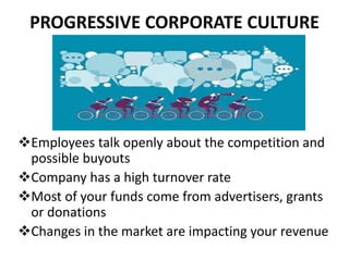 Employees talk openly about the competition and
possible buyouts
Company has a high turnover rate
Most of your funds come from advertisers, grants
or donations
Changes in the market are impacting your revenue
PROGRESSIVE CORPORATE CULTURE
 