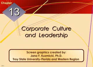 13-1
Corporate Culture
Corporate Culture
and Leadership
and Leadership
13
13
Chapter
Screen graphics created by:
Jana F. Kuzmicki, Ph.D.
Troy State University-Florida and Western Region
 