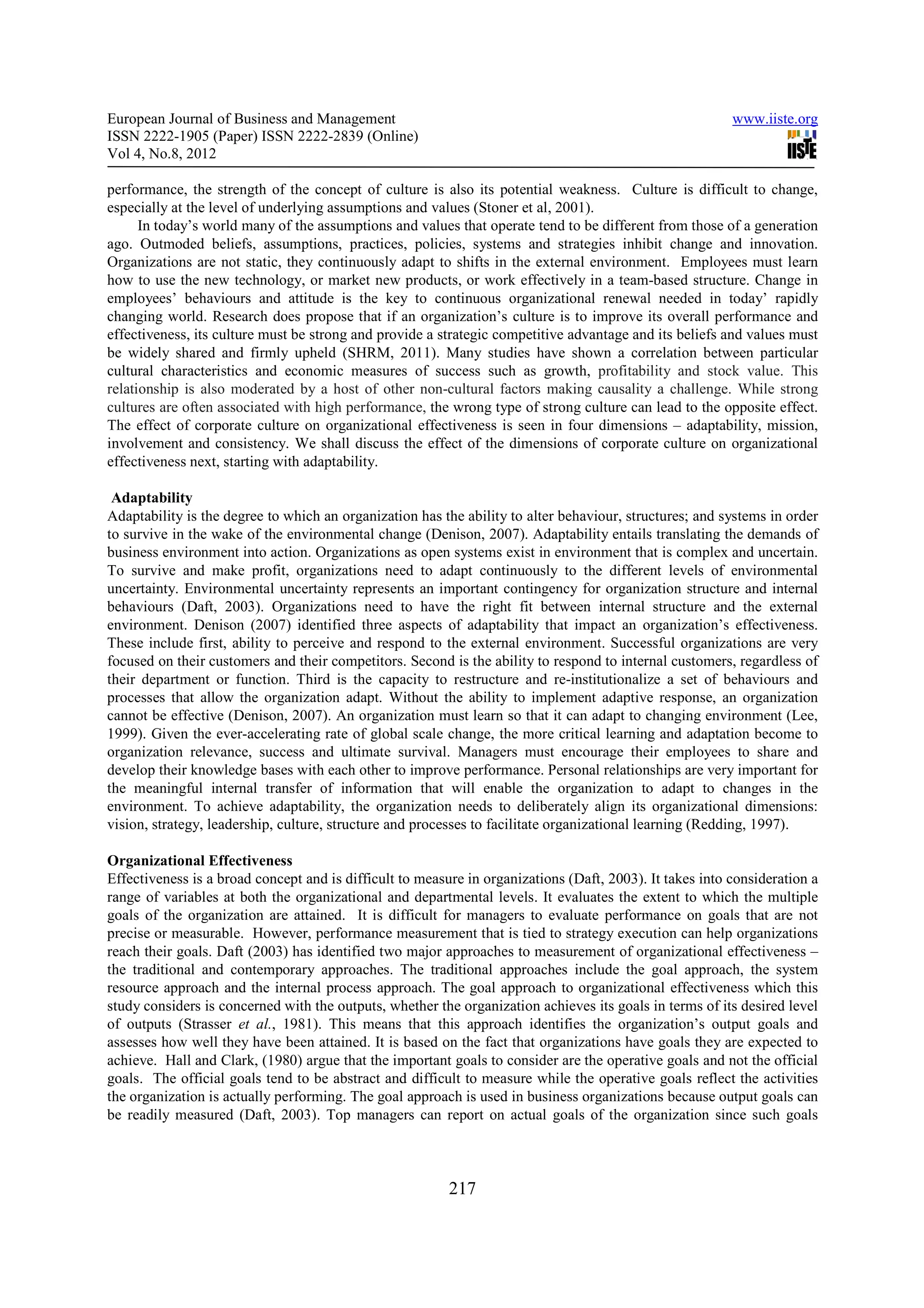 Corporate culture and organizational effectiveness | PDF