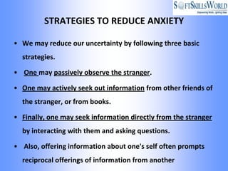 STRATEGIES TO REDUCE ANXIETY

• We may reduce our uncertainty by following three basic
  strategies.

• One may passively observe the stranger.

• One may actively seek out information from other friends of
  the stranger, or from books.

• Finally, one may seek information directly from the stranger
  by interacting with them and asking questions.

• Also, offering information about one's self often prompts
  reciprocal offerings of information from another
 