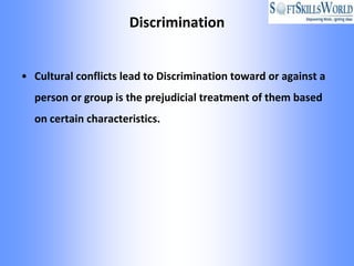 Discrimination


• Cultural conflicts lead to Discrimination toward or against a
  person or group is the prejudicial treatment of them based
  on certain characteristics.
 