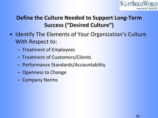 Define the Culture Needed to Support Long-Term
             Success (“Desired Culture”)
• Identify The Elements of Your Organization’s Culture
  With Respect to:
   –   Treatment of Employees
   –   Treatment of Customers/Clients
   –   Performance Standards/Accountability
   –   Openness to Change
   –   Company Norms




                                                 45
 
