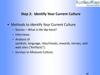 Step 2: Identify Your Current Culture

• Methods to Identify Your Current Culture
   – Stories – What is life like here?
   – Interviews.
   – Analysis of
     symbols, language, rites/rituals, rewards, heroes, and
     web sites (“Artifacts”).
   – Surveys to Measure Culture.




                                                         46
 