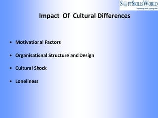 Impact Of Cultural Differences


• Motivational Factors

• Organisational Structure and Design

• Cultural Shock

• Loneliness
 