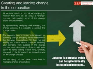 Creating and leading change
in the corporation
All we have mentioned and all we are going to
mention from now on are about a “change”
process. Unfortunately, most of the change
efforts are unsuccessful.
By systematically designing and managing the
change process, it is possible to achieve the
change desired.
The steps and the mechanism to be followed for
achieving change are going to be mentioned in
the following presentations. Till then, we are
inviting you to work on the obstacles refraining
your company from success in the change
process. Just take a piece of paper and write
down the items coming to your mind. Similarly,
also work on the items which are easing the way
on the change process.
We are going to use these drafts later in
managing change presentation.
…change is a process which
can be systematically
intitated and managed…
 