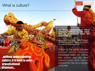 What is culture?
To truly understand what
company culture is, we need,
first to understand what the
CULTURE is?
According to   E.B. Tylor, English
anthropologist and founder
of cultural anthropology;
Culture is the whole complex
s y s t e m w h i c h i n c l u d e s
knowledge, belief, art, morals,
law, custom and any other
c a p a b i l i t i e s a n d h a b i t s
acquired by man as a member
of society.
..without understanding
culture, it is hard to solve
organisational
problems…
 