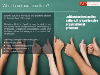 What is corporate culture?
..without understanding
culture, it is hard to solve
organisational
problems…
Shortly, culture is the values and practices shared
by the members of the group. 
Company Culture, therefore, can be deﬁned as
the shared values and practices of the company's
employees. Exceptional organizations create and
sustain a culture that engages and motivates their
employees.
Creating a company culture requires :
• Meaningful work
• Deep employee engagement
• Job and organizational ﬁt
• Strong leadership
 