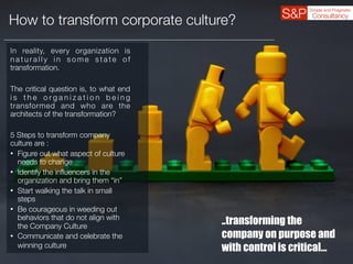 How to transform corporate culture?
..transforming the
company on purpose and
with control is critical…
In reality, every organization is
n a t u r a l l y i n s o m e s t a t e o f
transformation.
The critical question is, to what end
i s t h e o r g a n i z a t i o n b e i n g
transformed and who are the
architects of the transformation?
5 Steps to transform company
culture are :
• Figure out what aspect of culture
needs to change
• Identify the inﬂuencers in the
organization and bring them “in”
• Start walking the talk in small
steps
• Be courageous in weeding out
behaviors that do not align with
the Company Culture
• Communicate and celebrate the
winning culture
 