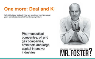 One more: Deal and Kennedy
high risk but slow feedback - that can sometimes even take years -
you’re prone to develop a Bet-Your-Company Culture
Pharmaceutical
companies, oil and
gas companies,
architects and large
capital-intensive
industries
 
