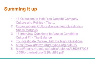 Summing it up
1. 15 Questions to Help You Decode Company
Culture and Politics - The ...
2. Organizational Culture Assessment Questions -
Sheila Margolis
3. 18 Interview Questions to Assess Candidate
Cultural Fit - The Balance
4. To Investigate Culture, Ask the Right Questions
5. https://www.artsfwd.org/4-types-org-culture/
6. http://faculty.mu.edu.sa/public/uploads/1360757023
.3588organizational%20cult98.pdf
 
