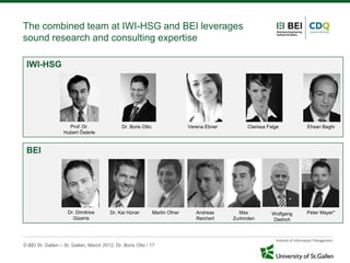 The combined team at IWI-HSG and BEI leverages
sound research and consulting expertise

 IWI-HSG




                     Prof. Dr.                Dr. Boris Otto                  Verena Ebner         Clarissa Falge       Ehsan Baghi
                   Hubert Österle


 BEI




                    Dr. Dimitrios       Dr. Kai Hüner          Martin Ofner      Andreas       Max           Wolfgang   Peter Mayer*
                      Gizanis                                                    Reichert    Zurkinden       Dietrich




© BEI St. Gallen – St. Gallen, March 2012, Dr. Boris Otto / 17
 