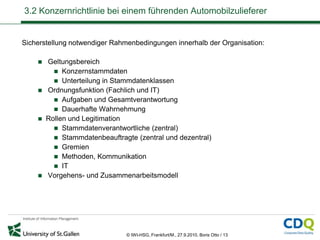 3.2 Konzernrichtlinie bei einem führenden Automobilzulieferer


Sicherstellung notwendiger Rahmenbedingungen innerhalb der Organisation:

     Geltungsbereich
         Konzernstammdaten
         Unterteilung in Stammdatenklassen
     Ordnungsfunktion (Fachlich und IT)
         Aufgaben und Gesamtverantwortung
         Dauerhafte Wahrnehmung
     Rollen und Legitimation
         Stammdatenverantwortliche (zentral)
         Stammdatenbeauftragte (zentral und dezentral)
         Gremien
         Methoden, Kommunikation
         IT
     Vorgehens- und Zusammenarbeitsmodell




                               © IWI-HSG, Frankfurt/M., 27.9.2010, Boris Otto / 13
 