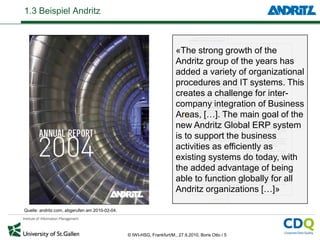 1.3 Beispiel Andritz



                                                                        «The strong growth of the
                                                                        Andritz group of the years has
                                                                        added a variety of organizational
                                                                        procedures and IT systems. This
                                                                        creates a challenge for inter-
                                                                        company integration of Business
                                                                        Areas, […]. The main goal of the
                                                                        new Andritz Global ERP system
                                                                        is to support the business
                                                                        activities as efficiently as
                                                                        existing systems do today, with
                                                                        the added advantage of being
                                                                        able to function globally for all
                                                                        Andritz organizations […]»

Quelle: andritz.com, abgerufen am 2010-02-04.




                                                © IWI-HSG, Frankfurt/M., 27.9.2010, Boris Otto / 5
 