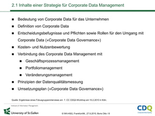 2.1 Inhalte einer Strategie für Corporate Data Management


    Bedeutung von Corporate Data für das Unternehmen
    Def...