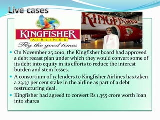  On November 25 2010, the Kingfisher board had approved
  a debt recast plan under which they would convert some of
  its debt into equity in its efforts to reduce the interest
  burden and stem losses.
 A consortium of 13 lenders to Kingfisher Airlines has taken
  a 23.37 per cent stake in the airline as part of a debt
  restructuring deal.
 Kingfisher had agreed to convert Rs 1,355 crore worth loan
  into shares
 