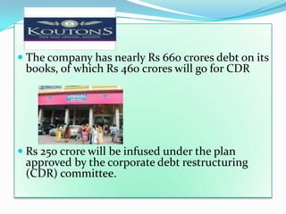  The company has nearly Rs 660 crores debt on its
 books, of which Rs 460 crores will go for CDR




 Rs 250 crore will be infused under the plan
 approved by the corporate debt restructuring
 (CDR) committee.
 