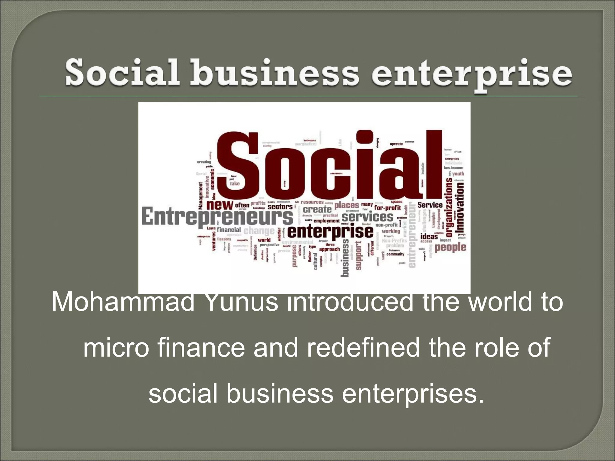 Mohammad Yunus introduced the world to micro finance and redefined the role of social business enterprises. 