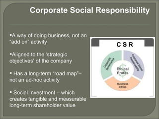 Corporate Social Responsibility A way of doing business, not an “add on” activity Aligned to the ‘strategic objectives’ of the company Has a long-term “road map”– not an ad-hoc activity Social Investment – which creates tangible and measurable long-term shareholder value C S R 