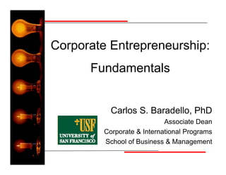 Corporate Entrepreneurship:
      Fundamentals


           Carlos S. Baradello, PhD
                            Associate Dean
         Corporate & International Programs
         School of Business & Management
 