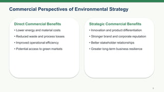 Commercial Perspectives of Environmental Strategy
5
Direct Commercial Benefits
• Lower energy and material costs
• Reduced waste and process losses
• Improved operational efficiency
• Potential access to green markets
Strategic Commercial Benefits
• Innovation and product differentiation
• Stronger brand and corporate reputation
• Better stakeholder relationships
• Greater long-term business resilience
 
