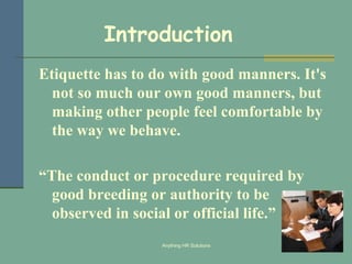 Introduction Manner Corporate etiquette | PPT