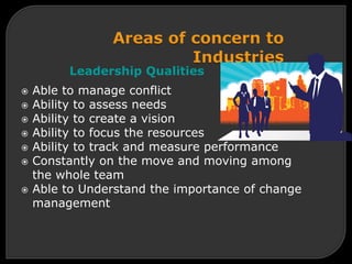 Leadership Qualities
 Able to manage conflict
 Ability to assess needs
 Ability to create a vision
 Ability to focus the resources
 Ability to track and measure performance
 Constantly on the move and moving among
the whole team
 Able to Understand the importance of change
management
 