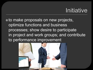 to make proposals on new projects,
optimize functions and business
processes; show desire to participate
in project and work groups; and contribute
to performance improvement
 