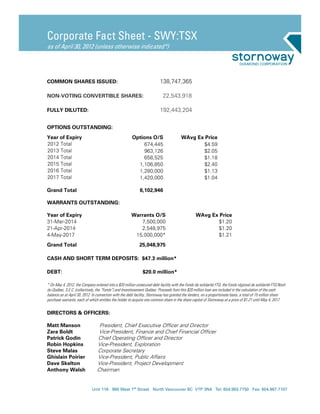 Corporate Fact Sheet - SWY:TSX
as of April 30, 2012 (unless otherwise indicated*)




COMMON SHARES ISSUED:                                                     138,747,365

NON-VOTING CONVERTIBLE SHARES:                                              22,543,918

FULLY DILUTED:                                                            192,443,204

OPTIONS OUTSTANDING:
Year of Expiry                                         Options O/S                      WAvg Ex Price
2012 Total                                                 674,445                             $4.59
2013 Total                                                 963,126                             $2.05
2014 Total                                                 658,525                             $1.18
2015 Total                                               1,106,850                             $2.40
2016 Total                                               1,280,000                             $1.13
2017 Total                                               1,420,000                             $1.04

Grand Total                                                  6,102,946

WARRANTS OUTSTANDING:

Year of Expiry                                         Warrants O/S                              WAvg Ex Price
31-Mar-2014                                               7,500,000                                     $1.20
21-Apr-2014                                               2,548,975                                     $1.20
4-May-2017                                              15,000,000*                                     $1.21
Grand Total                                                 25,048,975

CASH AND SHORT TERM DEPOSITS: $47.3 million*

DEBT:                                                         $20.0 million*

* On May 4, 2012, the Company entered into a $20 million unsecured debt facility with the Fonds de solidarité FTQ, the Fonds régional de solidarité FTQ Nord-
du-Québec, S.E.C. (collectively, the “Fonds”) and Investissement Québec. Proceeds from this $20 million loan are included in the calculation of the cash
balance as at April 30, 2012. In connection with the debt facility, Stornoway has granted the lenders, on a proportionate basis, a total of 15 million share
purchase warrants, each of which entitles the holder to acquire one common share in the share capital of Stornoway at a price of $1.21 until May 4, 2017.

DIRECTORS & OFFICERS:

Matt Manson                      President, Chief Executive Officer and Director
Zara Boldt                       Vice-President, Finance and Chief Financial Officer
Patrick Godin                   Chief Operating Officer and Director
Robin Hopkins                   Vice-President, Exploration
Steve Malas                     Corporate Secretary
Ghislain Poirier                Vice-President, Public Affairs
Dave Skelton                    Vice-President, Project Development
Anthony Walsh                   Chairman
 