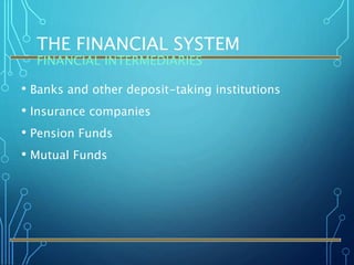 THE FINANCIAL SYSTEM
FINANCIAL INTERMEDIARIES
• Banks and other deposit-taking institutions
• Insurance companies
• Pension Funds
• Mutual Funds
 