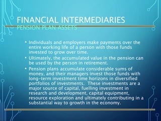 FINANCIAL INTERMEDIARIES
PENSION PLAN ASSETS
• Individuals and employers make payments over the
entire working life of a person with those funds
invested to grow over time.
• Ultimately, the accumulated value in the pension can
be used by the person in retirement.
• Pension plans accumulate considerable sums of
money, and their managers invest those funds with
long-term investment time horizons in diversified
portfolios of investments. These investments are a
major source of capital, fuelling investment in
research and development, capital equipment,
resource exploration and ultimately contributing in a
substantial way to growth in the economy.
 