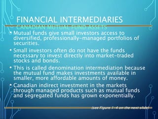 FINANCIAL INTERMEDIARIES
CANADIAN MUTUAL FUND ASSETS
• Mutual funds give small investors access to
diversified, professionally-managed portfolios of
securities.
• Small investors often do not have the funds
necessary to invest directly into market-traded
stocks and bonds.
• This is called denomination intermediation because
the mutual fund makes investments available in
smaller, more affordable amounts of money.
• Canadian indirect investment in the markets
through managed products such as mutual funds
and segregated funds has grown exponentially.
(see Figure 1-4 on the next slide)
 