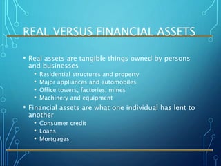 REAL VERSUS FINANCIAL ASSETS
• Real assets are tangible things owned by persons
and businesses
• Residential structures and property
• Major appliances and automobiles
• Office towers, factories, mines
• Machinery and equipment
• Financial assets are what one individual has lent to
another
• Consumer credit
• Loans
• Mortgages
 