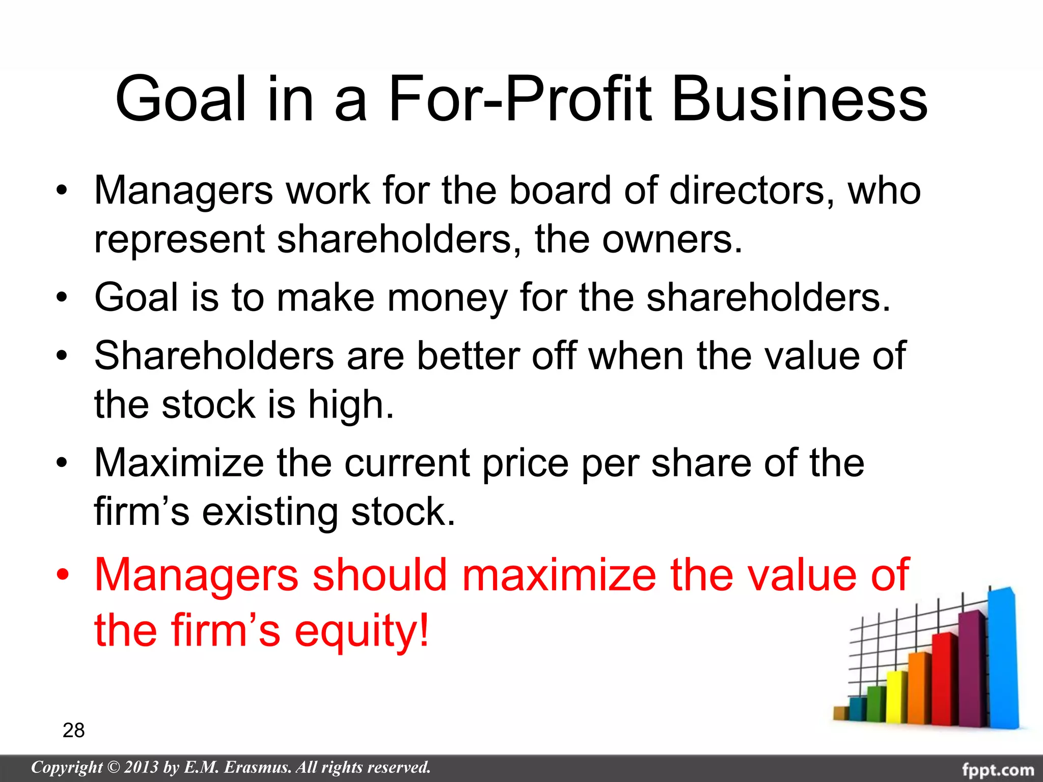 Goal in a For-Profit Business
• Managers work for the board of directors, who
  represent shareholders, the owners.
• Goal is to make money for the shareholders.
• Shareholders are better off when the value of
  the stock is high.
• Maximize the current price per share of the
  firm’s existing stock.
• Managers should maximize the value of
  the firm’s equity!
28
 