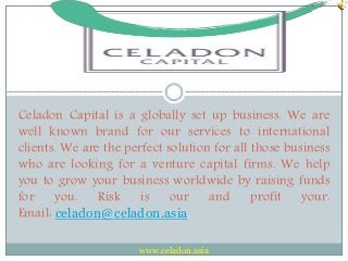 Celadon Capital is a globally set up business. We are 
well known brand for our services to international 
clients. We are the perfect solution for all those business 
who are looking for a venture capital firms. We help 
you to grow your business worldwide by raising funds 
for you. Risk is our and profit your. 
Email: celadon@celadon.asia 
www.celadon.asia 
 