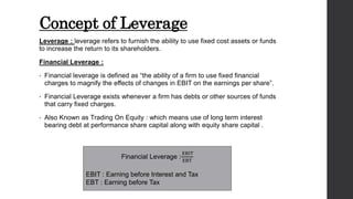 Concept of Leverage
Leverage : leverage refers to furnish the ability to use fixed cost assets or funds
to increase the re...
