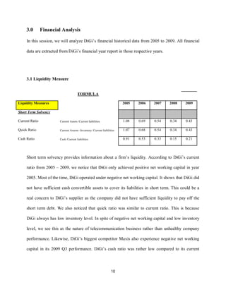 10
3.0 Financial Analysis
In this session, we will analyze DiGi’s financial historical data from 2005 to 2009. All financial
data are extracted from DiGi’s financial year report in those respective years.
3.1 Liquidity Measure
FORMULA
Liquidity Measures 2005 2006 2007 2008 2009
Short Term Solvency
Current Ratio Current Assets /Current liabilities 1.08 0.69 0.54 0.34 0.43
Quick Ratio Current Assests -Inventory /Current liabilities 1.07 0.68 0.54 0.34 0.43
Cash Ratio Cash /Current liabilities 0.91 0.53 0.33 0.15 0.21
Short term solvency provides information about a firm’s liquidity. According to DiGi’s current
ratio from 2005 – 2009, we notice that DiGi only achieved positive net working capital in year
2005. Most of the time, DiGi operated under negative net working capital. It shows that DiGi did
not have sufficient cash convertible assets to cover its liabilities in short term. This could be a
real concern to DiGi’s supplier as the company did not have sufficient liquidity to pay off the
short term debt. We also noticed that quick ratio was similar to current ratio. This is because
DiGi always has low inventory level. In spite of negative net working capital and low inventory
level, we see this as the nature of telecommunication business rather than unhealthy company
performance. Likewise, DiGi’s biggest competitor Maxis also experience negative net working
capital in its 2009 Q3 performance. DiGi’s cash ratio was rather low compared to its current
 