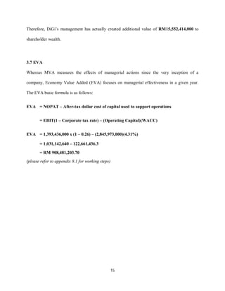 15
Therefore, DiGi’s management has actually created additional value of RM15,552,414,000 to
shareholder wealth.
3.7 EVA
Whereas MVA measures the effects of managerial actions since the very inception of a
company, Economy Value Added (EVA) focuses on managerial effectiveness in a given year.
The EVA basic formula is as follows:
EVA = NOPAT – After-tax dollar cost of capital used to support operations
= EBIT(1 – Corporate tax rate) – (Operating Capital)(WACC)
EVA = 1,393,436,000 x (1 – 0.26) – (2,845,973,000)(4.31%)
= 1,031,142,640 – 122,661,436.3
= RM 908,481,203.70
(please refer to appendix 8.1 for working steps)
 