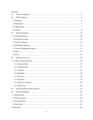 2
Contents
1.0 Executive Summary.....................................................................................................................4
2.0 SWOT Analysis...........................................................................................................................6
2.1 Strengths........................................................................................................................................6
2.2 Weaknesses ...................................................................................................................................7
2.3 Opportunities.................................................................................................................................7
2.4 Threats...........................................................................................................................................8
3.0 Financial Analysis......................................................................................................................10
3.1 Liquidity Measure........................................................................................................................10
3.2 Financial Leverage.......................................................................................................................11
3.3 Turnover Measure........................................................................................................................12
3.4 Profitability Measures..................................................................................................................12
3.5 Financial Highlights Summary.....................................................................................................13
3.6 MVA...........................................................................................................................................14
3.7 EVA ............................................................................................................................................15
4.0 Business Life Cycle ...................................................................................................................16
4.1 DiGi in Mature Business..............................................................................................................16
4.1.1 Business Risk........................................................................................................................16
4.1.2 Financial Risk .......................................................................................................................17
4.1.3 Funding.................................................................................................................................18
4.1.4 Dividend ............................................................................................................................... 18
4.1.5 Growth..................................................................................................................................19
4.1.6 P/E Ratio............................................................................................................................... 19
4.1.7 EPS/ net Cash Flow...............................................................................................................19
4.1.8 Share Price............................................................................................................................20
5.0 DiGi Shareholder Wealth Analysis............................................................................................. 21
6.0 Financial Strategies....................................................................................................................23
6.1 Reduce Debt ................................................................................................................................ 23
6.2 Increase Equity ............................................................................................................................23
6.3 Stock Dividend ............................................................................................................................24
6.4 Stock Split ...................................................................................................................................24
7.0 References.......................................................................................................................................26
 