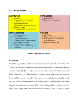 6
2.0 SWOT Analysis
STRENGTHS
1. Innovation
2. Strategic in low cost leadership
3. Economies of scale
4. High operating margin
5. Strong presence in migrant segment
6. High entry barrier
7. Strong adaptability to market change
WEAKNESSES
1. Growing COGS
2. Saturation in voice market
OPPORTUNITIES
1. Mobile broadband
2. New MVNO
3. Corporate Entrepreneur
4. Expansion to other market segments
5. Smart phones & devices
6. Growth in VAS businesses
7. Strategic alliance with Axiata group
8. Outsourcing
THREATS
1. MVNO rivalry
2. Migrant segment being attacked
3. Growing competition in mobile
broadband market
4. Increasing financial risk
Figure 1: DiGi’s SWOT Analysis
2.1 Strengths
One of the key strengths of DiGi is its well known innovative approach to the market. The
‘Yellow Man’ marketing campaign has been so far very successful in its market place. Products
and services offered by DiGi have been very innovative. DiGi Prepaid (Hit RM1), Friends and
Family, Talk time transfer, DiGi Bonuses, DiGi Privileges, DiGi Priority Services, just to name a
few have all been very well responded in the market. Its low cost leadership strategy has turned
DiGi into be one of the market leaders in the country. In fact, it has triggered price war among
the competitors with its low cost strategy. DiGi’s subscriber base stood at 8.2 mil as of Sept 2010
(DiGi Annual Report, 2009). With its economies of scale DiGi is able to operate in higher
 