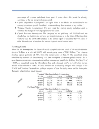 5
 
percentage of revenue calculated from past 5 years, since this would be directly
correlated​ ​to​ ​the​ ​top-line​ ​growth​ ​as​ ​assumed.
❖ Capital Expenditure Assumptions: All capex items in the Model are assumed to be the
average​ ​percentage​ ​growth​ ​from​ ​last​ ​5​ ​years​ ​net​ ​of​ ​any​ ​skewness​ ​due​ ​to​ ​any​ ​outlier.
❖ Working Capital Assumptions: We have used the current assets excluding cash to
compute​ ​the​ ​change​ ​in​ ​working​ ​capital​ ​over​ ​the​ ​years.
❖ Capital Structure Assumptions: The company has not paid any cash dividends and has
clearly laid out that they do not have any intentions to do so in the future. Other than this,
we have used the latest debt schedule in the annual report to calculate the book value of
debt.​ ​The​ ​debt​ ​cost​ ​is​ ​based​ ​on​ ​the​ ​interest​ ​expense​ ​net​ ​of​ ​current​ ​taxes.
Modeling​ ​Results
Based on our ​assumptions​, the financial model computes the fair value of the traded common
stock of JetBlue at a price of $38.56 with an enterprise value of $14.2 billion. This gives an
absolute upside potential of 75% from the current price of $22.10. The calculated price,
considers the effective tax rate of nearly 38%. Our assumption of terminal growth rate of 8.5% is
near about the consensus estimates in the airline industry and specific for JetBlue. The WACC of
10.35% as calculated using the Bloomberg Beta and estimated CAPM is well below its last
Return on investment of ~14%. We also tried to run a sensitivity analysis with changes to the
WACC and Terminal Growth Rate, giving a snapshot of how the equity value and the share price
fluctuates​ ​when​ ​the​ ​two​ ​inputs​ ​change:
 