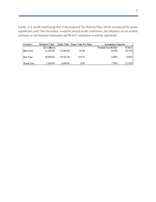 7
 
Lastly, it is worth mentioning that if the proposed Tax Reform Plan, which was passed by senate
republicans early this December, would be passed on the conference, the influence on tax-related
elements​ ​in​ ​our​ ​financial​ ​statements​ ​and​ ​WACC​ ​estimation​ ​would​ ​be​ ​significant.
 