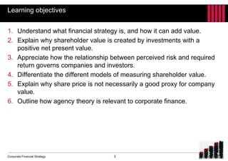 Corporate Financial Strategy
Learning objectives
1. Understand what financial strategy is, and how it can add value.
2. Explain why shareholder value is created by investments with a
positive net present value.
3. Appreciate how the relationship between perceived risk and required
return governs companies and investors.
4. Differentiate the different models of measuring shareholder value.
5. Explain why share price is not necessarily a good proxy for company
value.
6. Outline how agency theory is relevant to corporate finance.
3
 